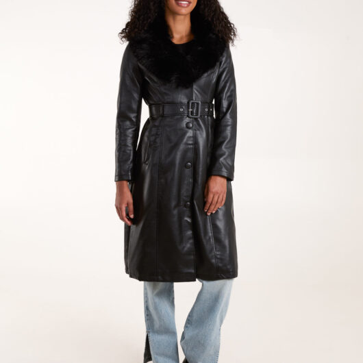 Faux Fur PU Longline Coat - 14 / BLACK