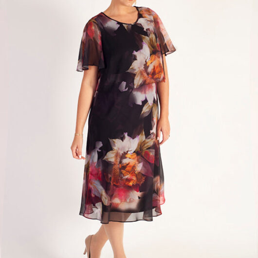 Red Orchid/Multi Floral Print Double Layer Chiffon Dress with Angel Sleeves
